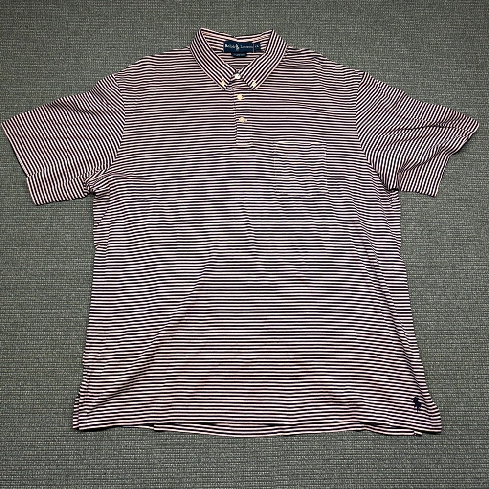 Ralph Lauren Mens XL Pima Cotton Striped Poloβ Shirt Pink Navy Blue Pocket Pony